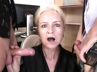 Skinny blonde granny swallows two cocks for work